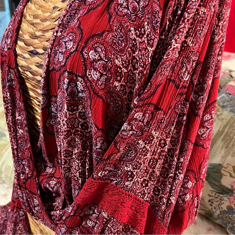 Charlotte Russe Maroon Paisley Crop Top With Bell Sleeves and Tie Back